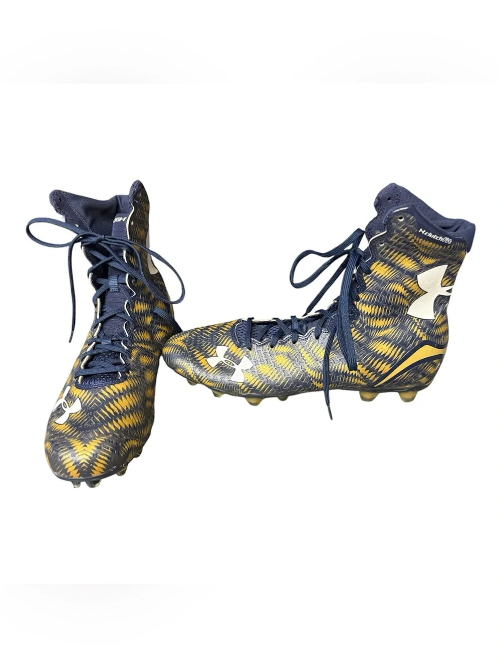 Under Armour Highlight men’s Navy and Gold High-Top Football Cleats. Size 13